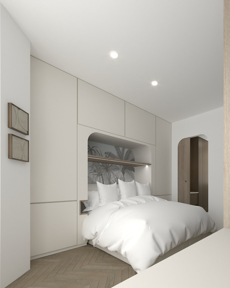 Идея дизайна: хозяйская спальня среднего размера в современном стиле с белыми стенами, темным паркетным полом и обоями на стенах
