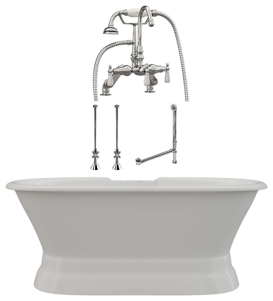 66" Double Ended Cast Iron Pedestal Tub, Gooseneck Deck Mount Plumbing PKG Worth Contemporary