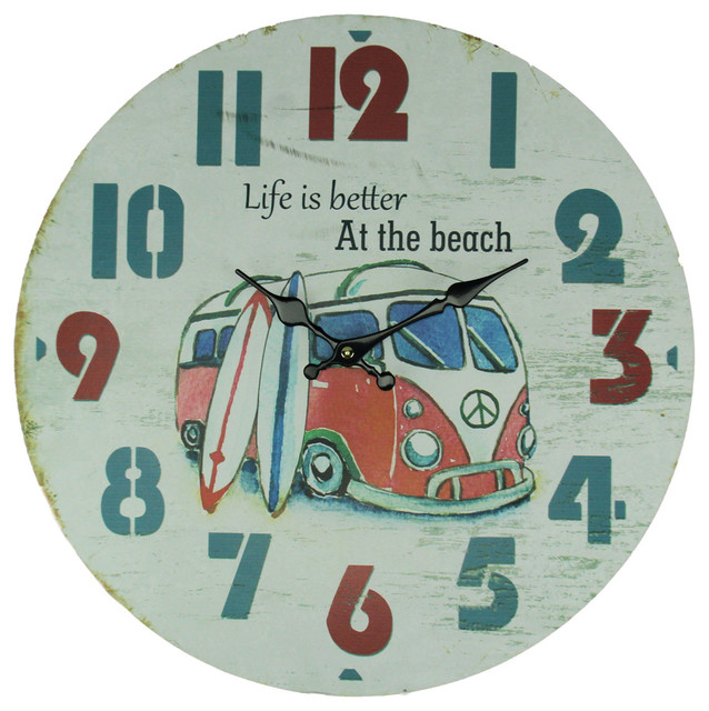Weathered White Wood Vintage Surfer Bus Wall Clock