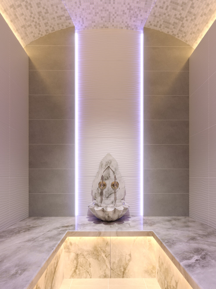 Турецкая баня (хамам) с мраморной курной и панелью под краны