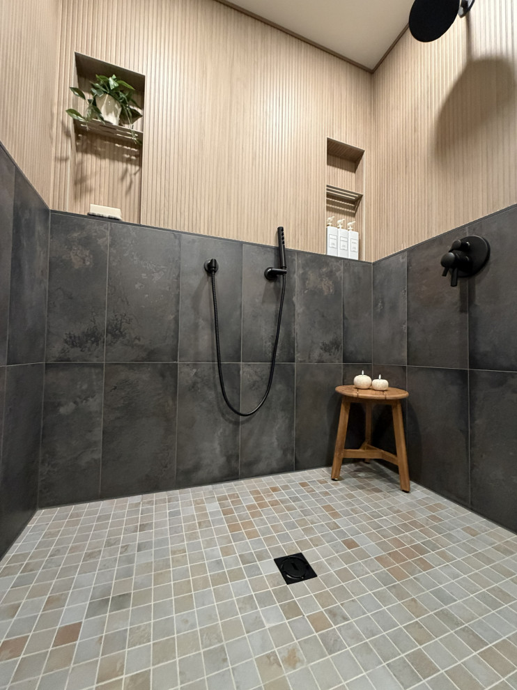 Wood-Look & Oxidized Concrete Tile | Moody Bathroom