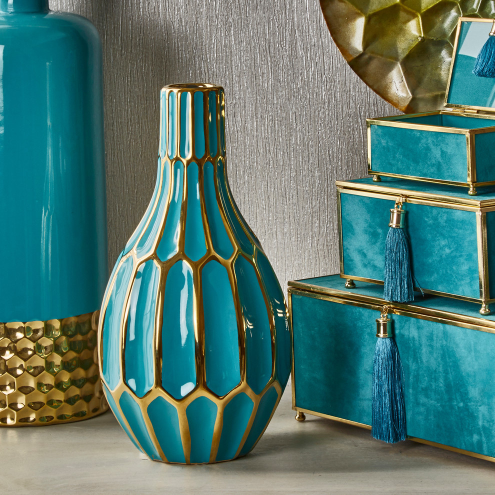 Sagebrook Home Turquoise/Gold Ceramic Vase 12" Contemporary Vases