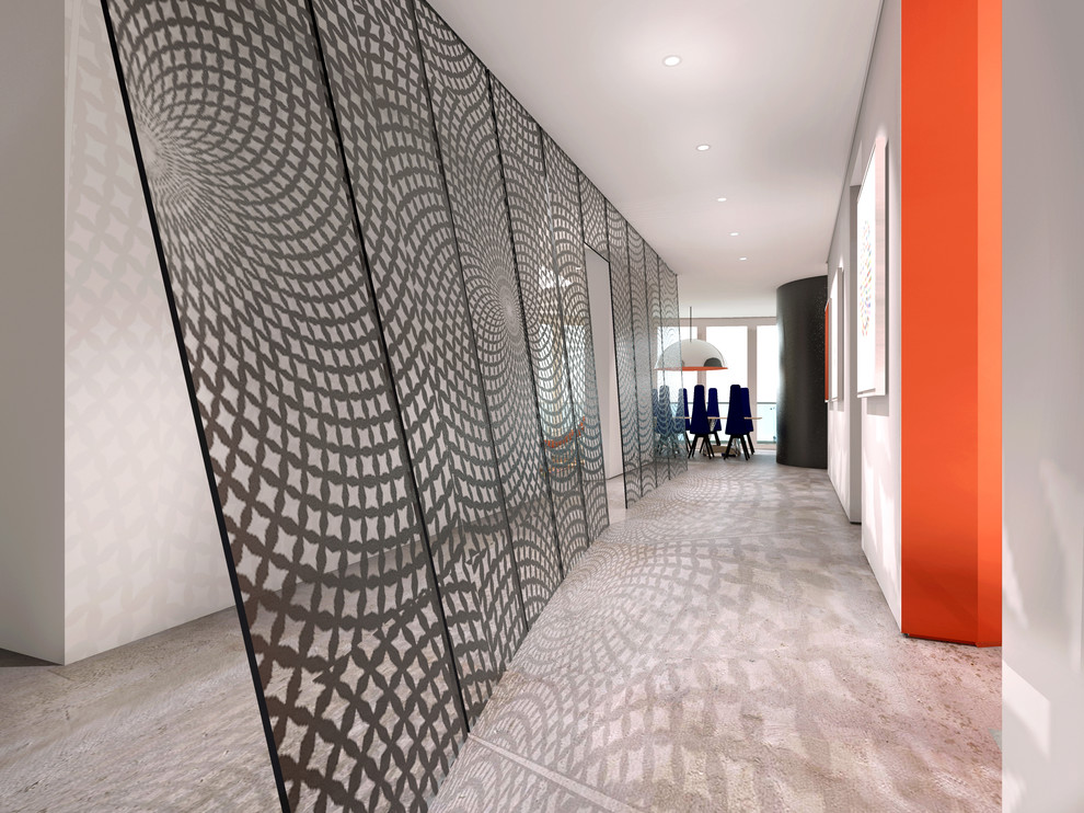 Inspiration for a contemporary hallway in New York with concrete floors.