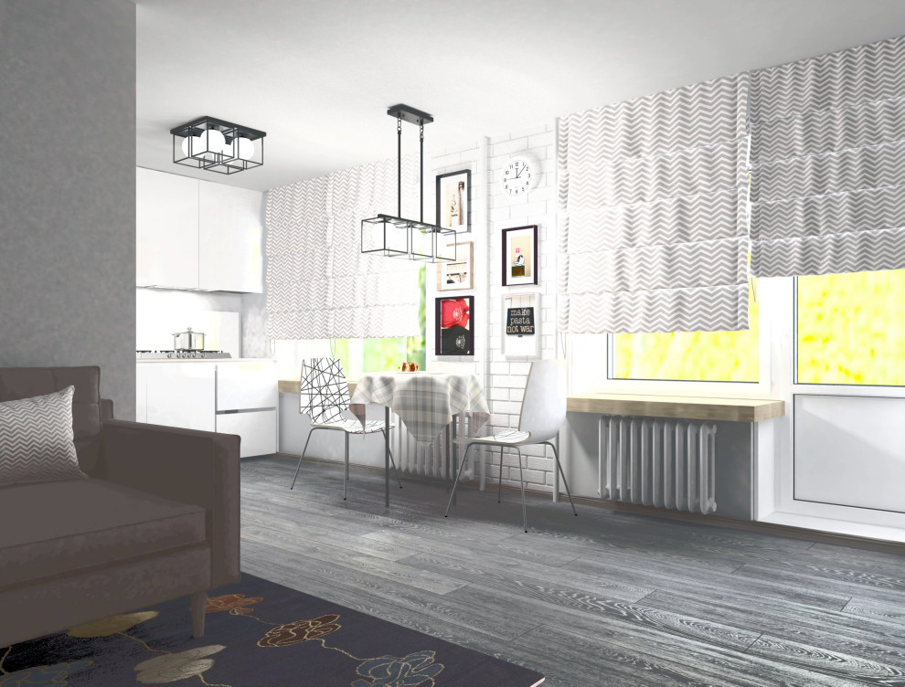 На фото: маленькая парадная, открытая гостиная комната в скандинавском стиле с серыми стенами, полом из ламината, телевизором на стене, бежевым полом и обоями на стенах для на участке и в саду с