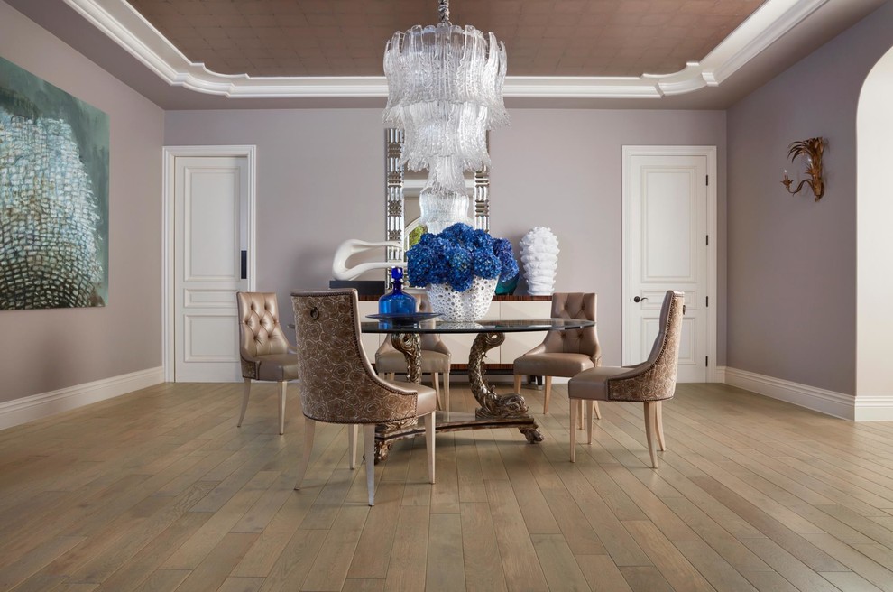 Design ideas for a large transitional separate dining room in Dallas with grey walls, medium hardwood floors and brown floor.