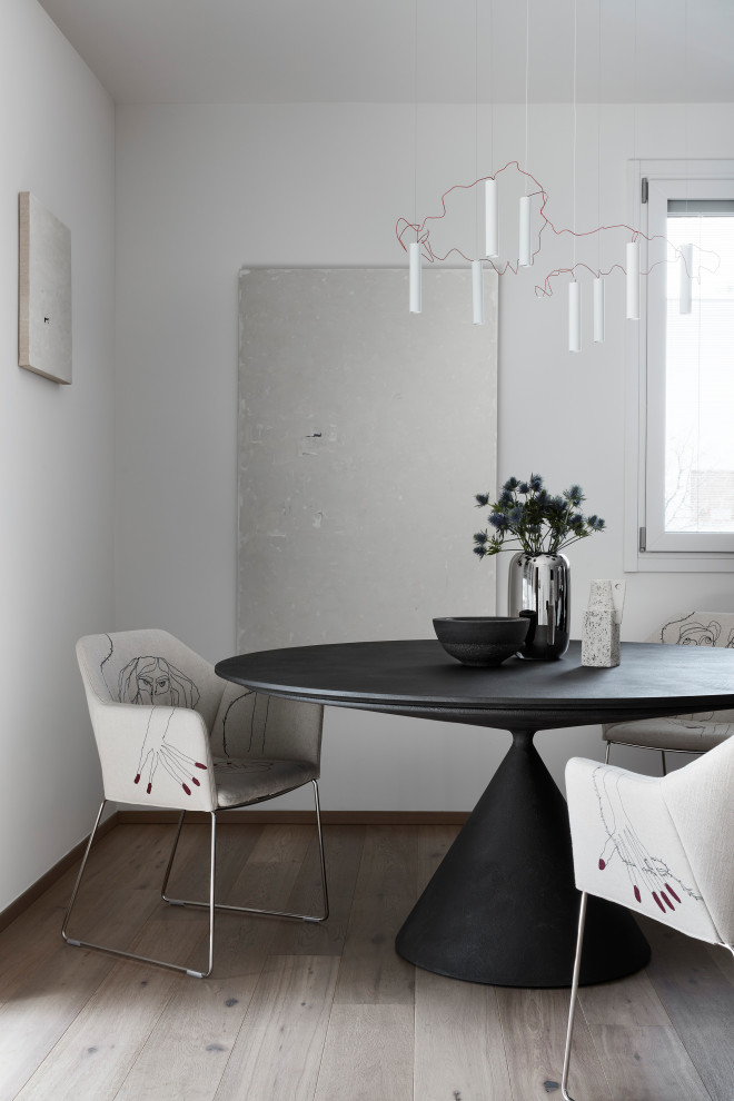 Immagine di una piccola sala da pranzo aperta verso il soggiorno moderna con pareti bianche e parquet chiaro