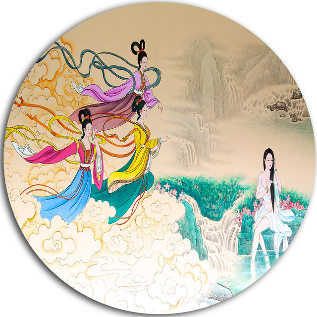 Classical Chinese Painting, Abstract Large Disc Metal Wall Art Asian