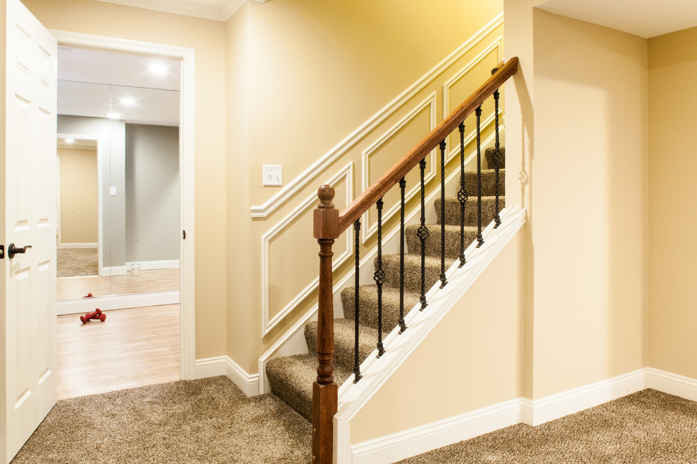 This is an example of a mid-sized transitional carpeted straight staircase in Other with carpet risers and mixed railing.