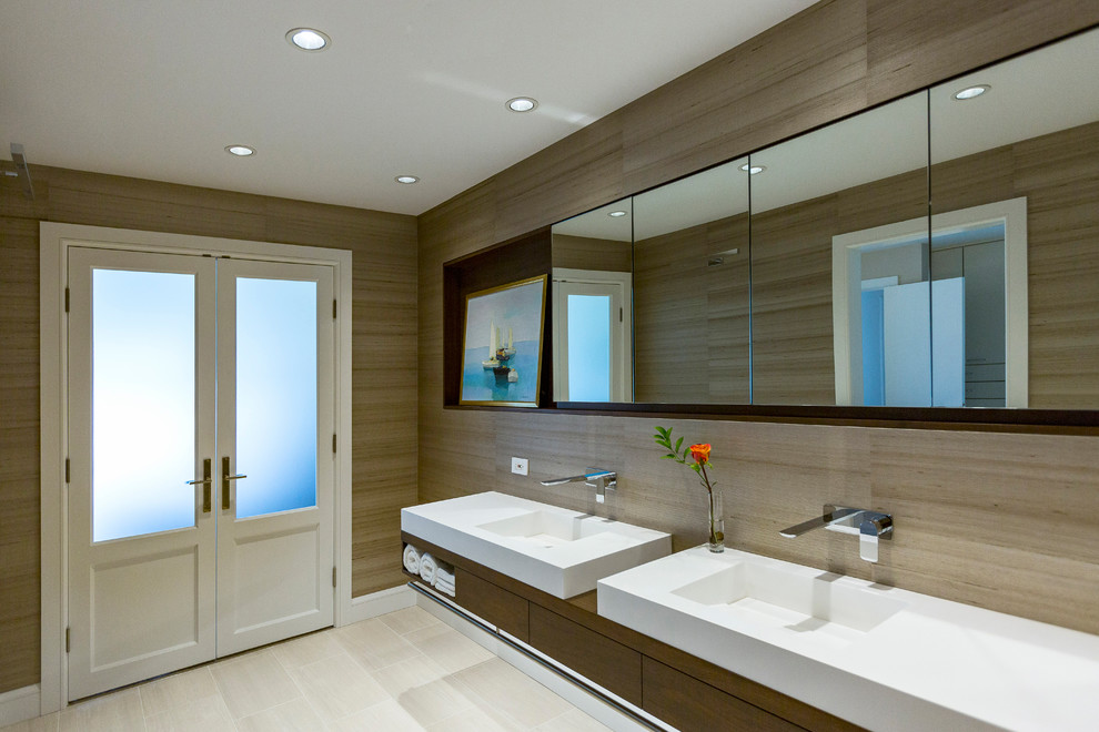 Inspiration for a mid-sized modern master bathroom in Cincinnati with flat-panel cabinets, medium wood cabinets, an open shower, gray tile, porcelain tile, multi-coloured walls, porcelain floors, a vessel sink, wood benchtops, grey floor and a hinged shower door.
