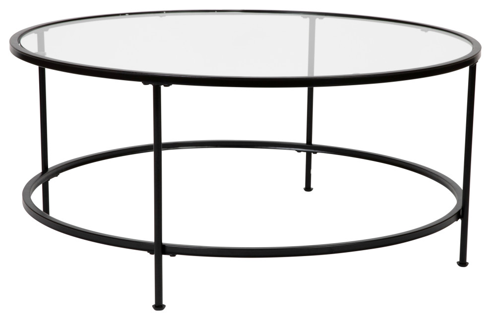 Clear Glass Coffee Table with Round Matte Gold Metal Frame and Vertical