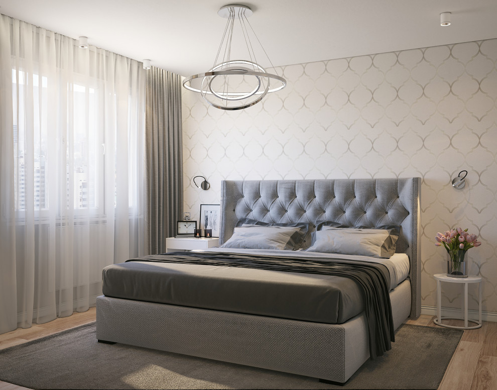На фото: хозяйская спальня среднего размера в стиле модернизм с бежевыми стенами, светлым паркетным полом, кессонным потолком и обоями на стенах с