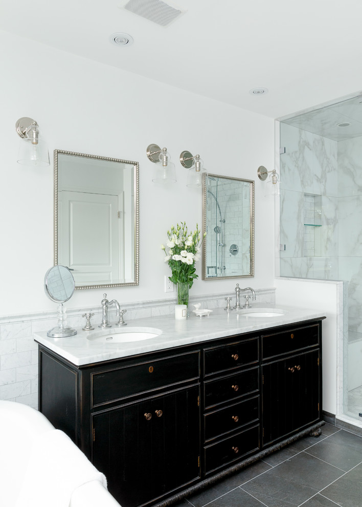 Design ideas for a large contemporary master bathroom in Vancouver with flat-panel cabinets, black cabinets, white tile, marble, cement tiles, an undermount sink, marble benchtops, grey floor, a hinged shower door, white benchtops, a double vanity, a built-in vanity and a double shower.