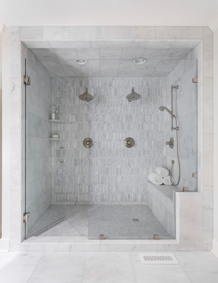 Photo of a transitional bathroom in Little Rock with an alcove shower, gray tile, white walls, grey floor and a hinged shower door.