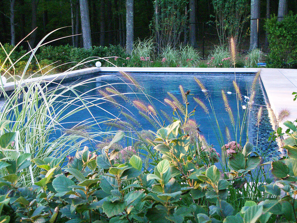 Inspiration for a contemporary backyard rectangular lap pool in Boston with a water feature and natural stone pavers.