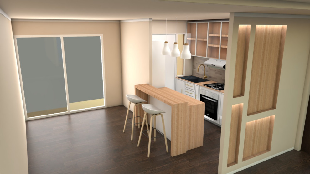 Small contemporary single-wall open plan kitchen in Other with glass-front cabinets, light wood cabinets, wood benchtops, with island, beige benchtop, a farmhouse sink, beige splashback, porcelain splashback, black appliances, porcelain floors and brown floor.