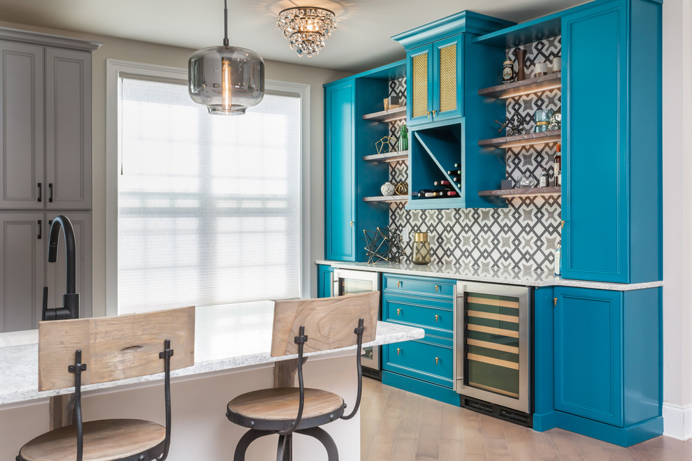 Mid-sized contemporary single-wall home bar in Raleigh with flat-panel cabinets, blue cabinets, quartz benchtops, multi-coloured splashback, cement tile splashback and dark hardwood floors.
