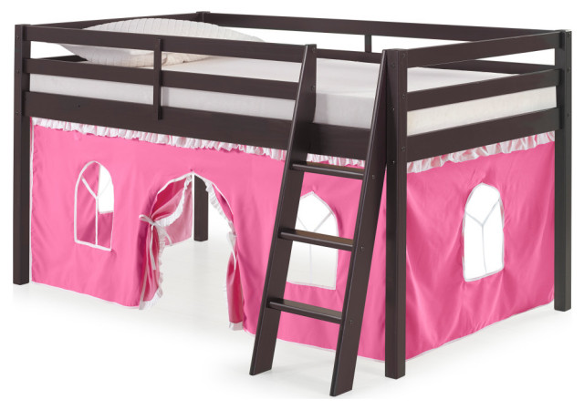 Roxy Twin Wood Junior Loft Bed, Espresso, Blue and Red Bottom Tent, Bed Color: Espresso, Tent: Pink