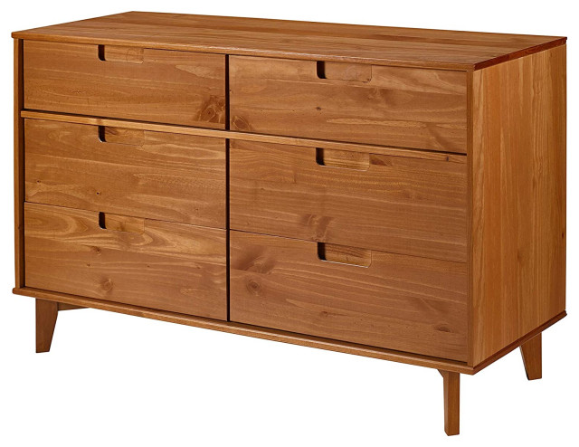 Mid Century Modern Dresser, 6 Storage Drawers With Cutout Pull Handles, Caramel