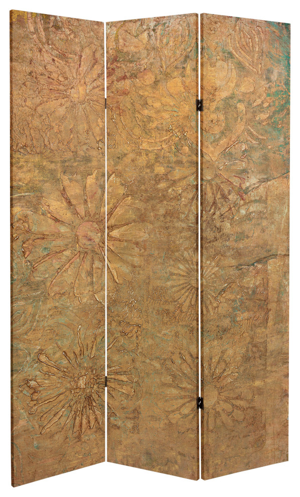 6' Tall Gilded Flowers Canvas Room Divider Contemporary Screens And Room Dividers by