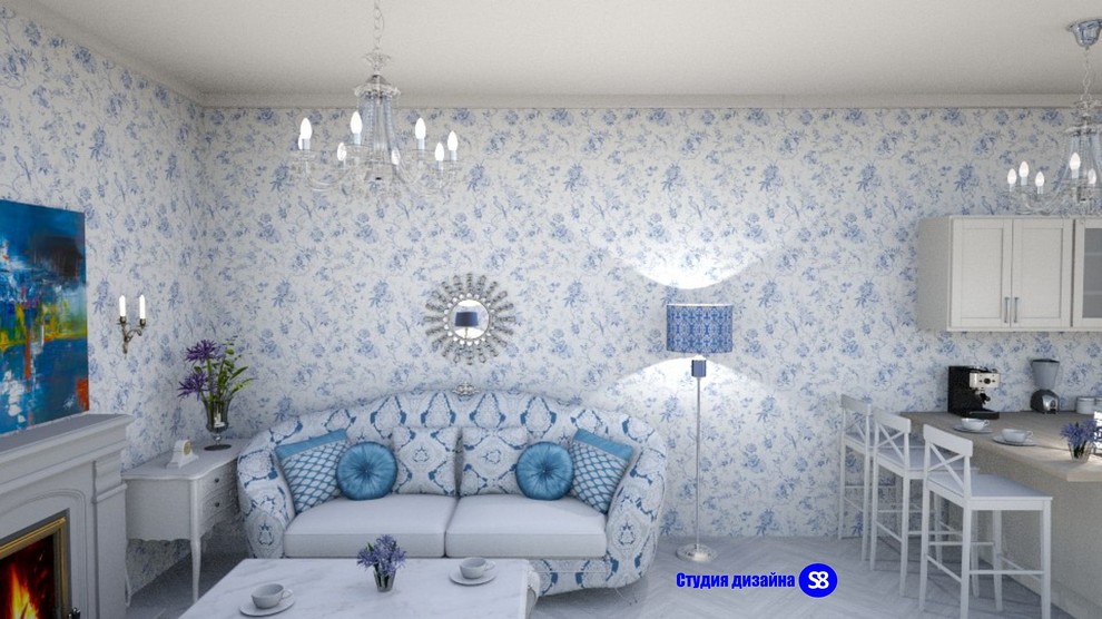 Кухня совмещенная с гостиной в классическом стиле для клиента из Франции