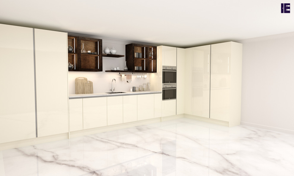 Example of a small minimalist l-shaped marble floor, white floor and wood ceiling eat-in kitchen design in London with a single-bowl sink, flat-panel cabinets, yellow cabinets, marble countertops, white backsplash and white countertops
