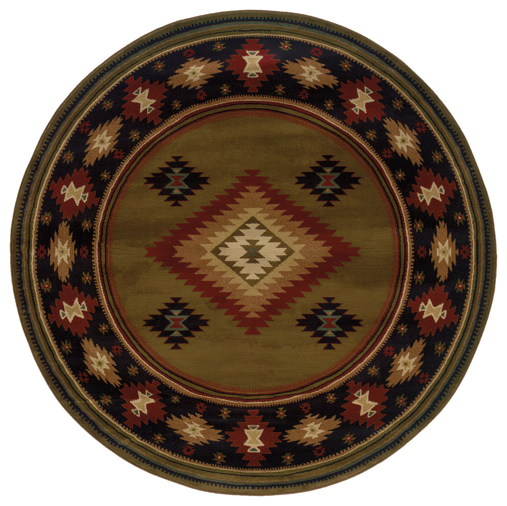 Harrison Southwest Lodge Green and Red Rug, 7'8" Round