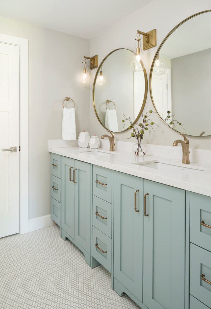 Mid-sized country kids bathroom in Phoenix with shaker cabinets, turquoise cabinets, grey walls, ceramic floors, an undermount sink, engineered quartz benchtops, white floor and white benchtops.