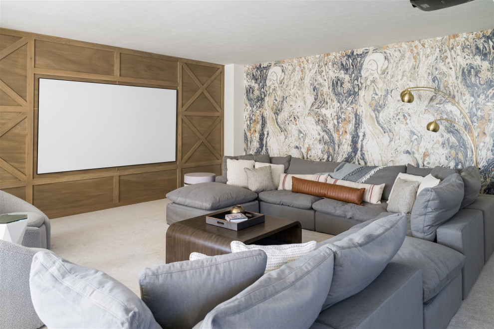 Design ideas for a mid-sized contemporary enclosed home theatre in Indianapolis with multi-coloured walls, marble floors, a projector screen and beige floor.