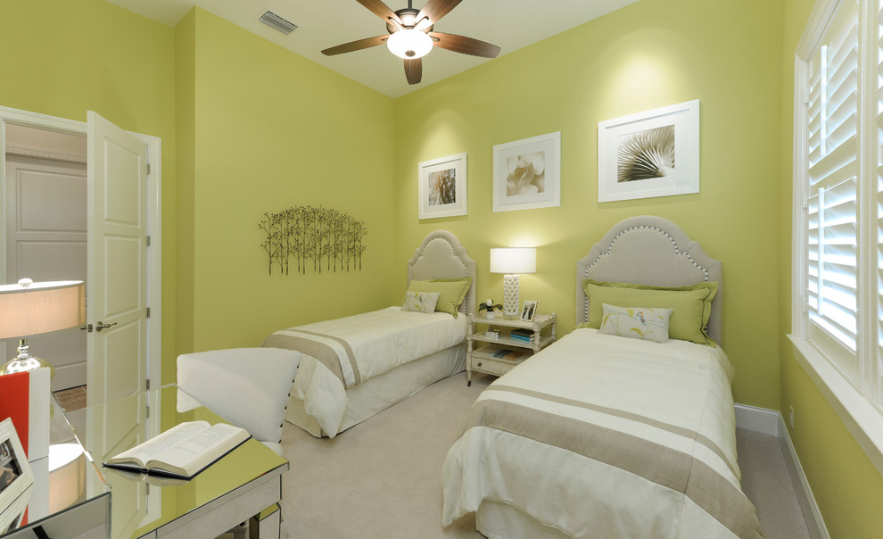Inspiration for a large mediterranean guest bedroom in Miami with green walls, carpet and no fireplace.
