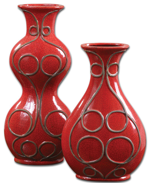 Miaka Red Ceramic Vases, Set of 2 Traditional Vases by Fratantoni