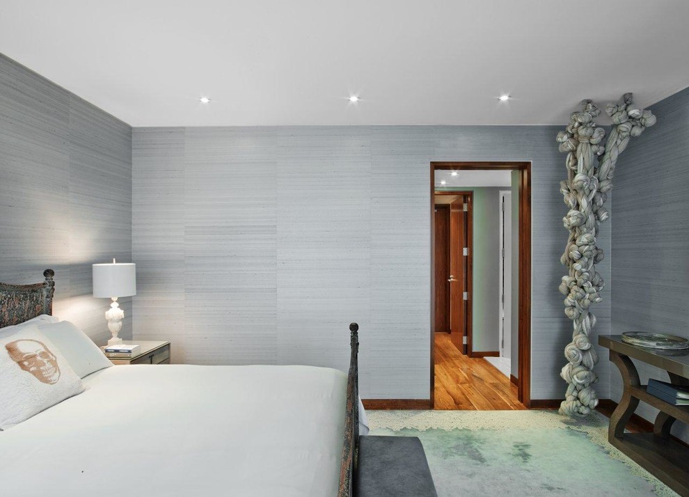 Design ideas for a contemporary bedroom in New York with grey walls and no fireplace.