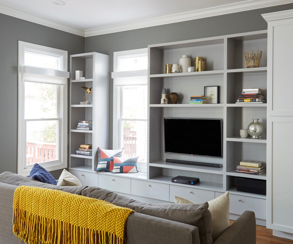 Example of a mid-sized transitional dark wood floor open concept kitchen design in Chicago with an undermount sink, shaker cabinets, white cabinets, quartz countertops, stone tile backsplash, stainless steel appliances and an island