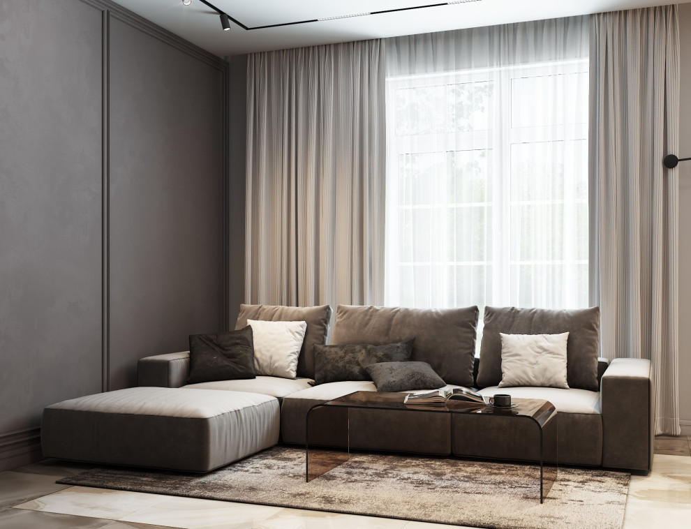 Modelo de salón abierto contemporáneo de tamaño medio con paredes grises, suelo de baldosas de porcelana, televisor colgado en la pared y suelo beige