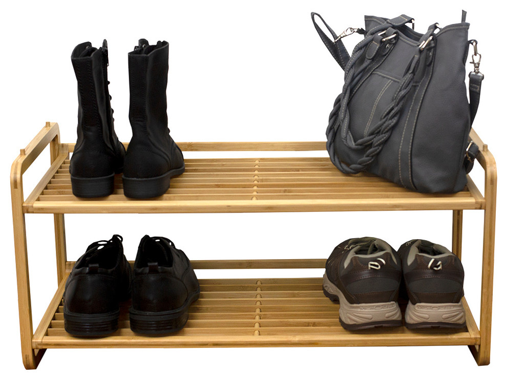 2 Tier Slatted Shelf Bamboo Shoe Rack Natural Transitional Shoe Storage By Home Basics