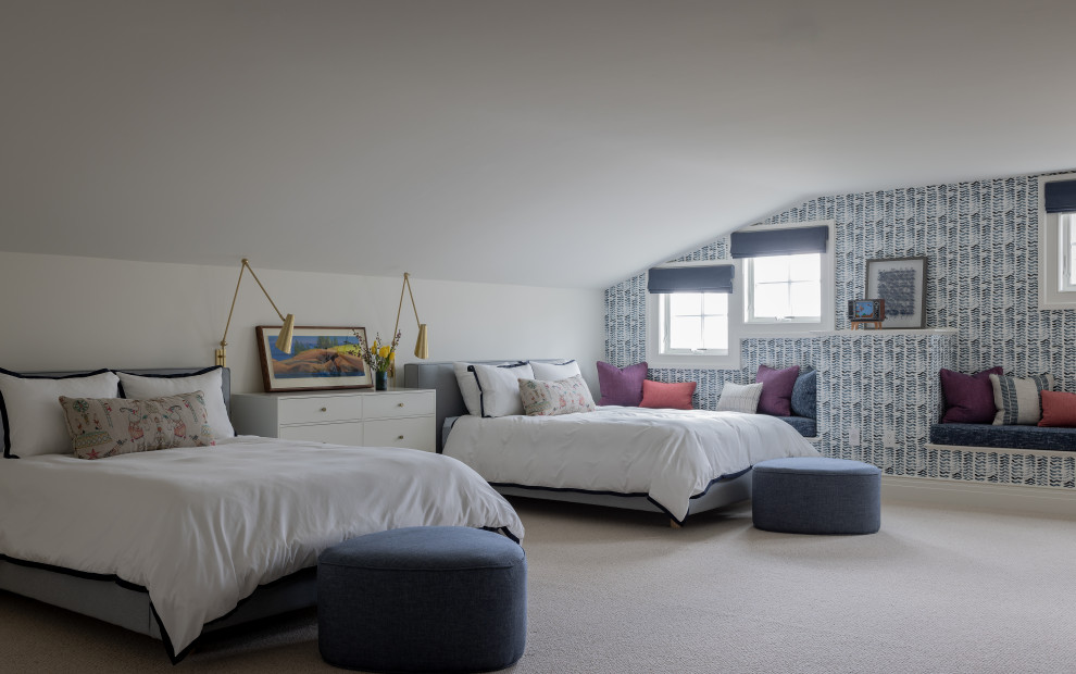 Inspiration for a large beach style guest bedroom in Boston with blue walls, carpet, grey floor, vaulted and wallpaper.