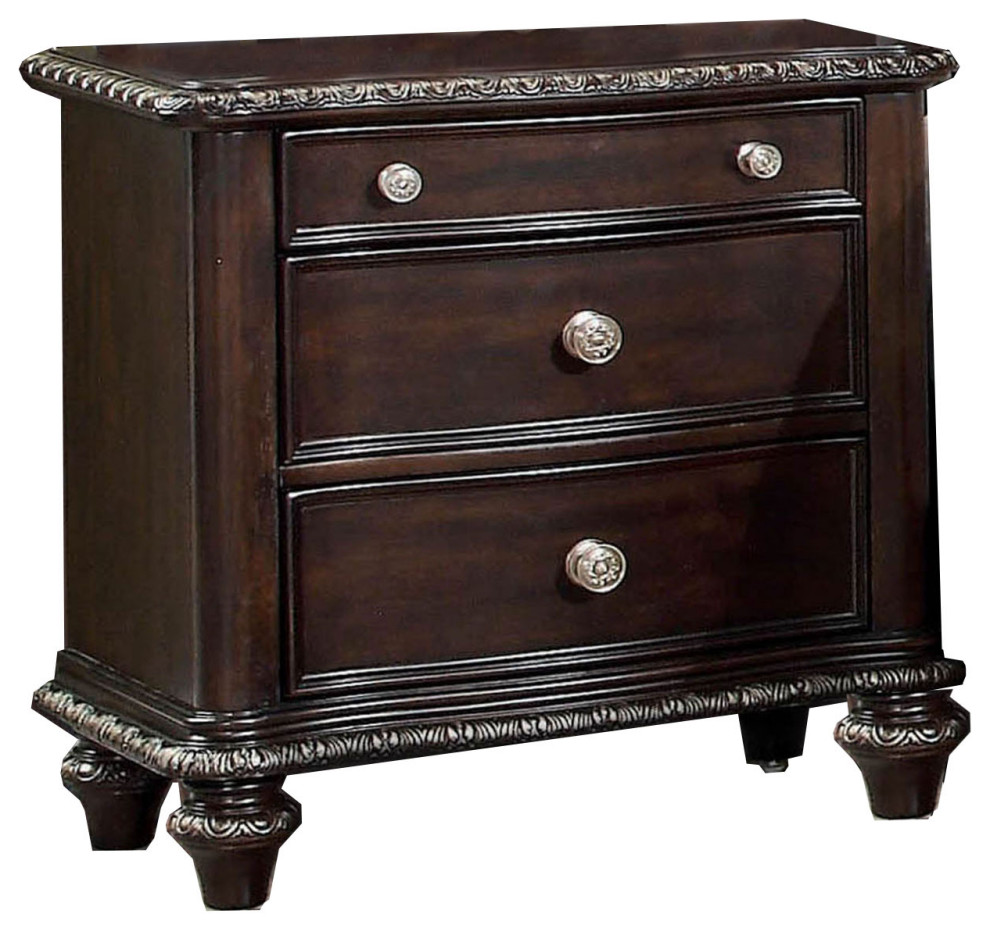 Benzara Wooden 3 Drawer Nightstand with Engraved Edges and Turned Legs, Brown Traditional