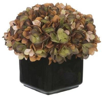 Artificial Coffee/Sage Hydrangea in Small Black Cube Ceramic