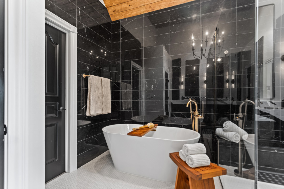 Design ideas for a mid-sized contemporary master bathroom in Columbus with flat-panel cabinets, black cabinets, a freestanding tub, a curbless shower, black tile, ceramic floors, a drop-in sink, quartzite benchtops, white floor, a hinged shower door, an enclosed toilet, a double vanity, a built-in vanity and vaulted.