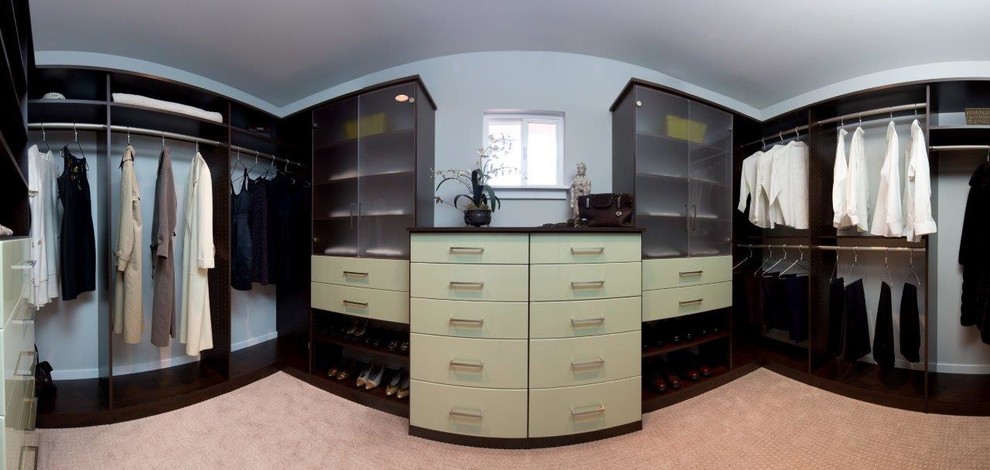 This is an example of a contemporary gender-neutral walk-in wardrobe in San Francisco with flat-panel cabinets, brown cabinets and carpet.