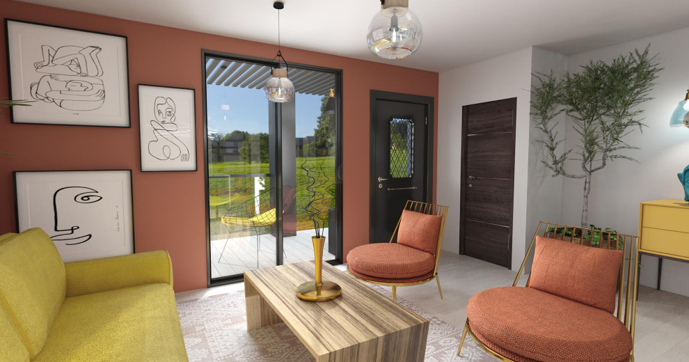 Idée de décoration pour un petit salon bohème ouvert avec un mur gris, aucune cheminée, aucun téléviseur, un sol beige et parquet clair.