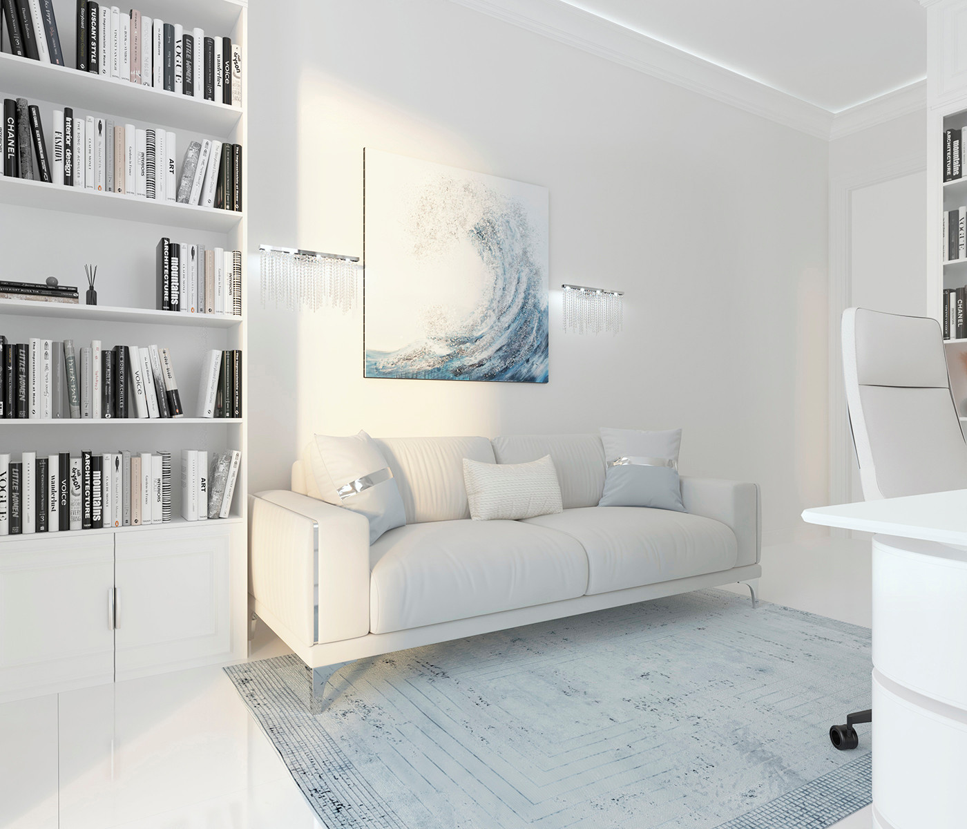 Роскошный белый интерьер в стиле ар-деко 105 кв.м. в ЖК ФИЛИ СИТИ