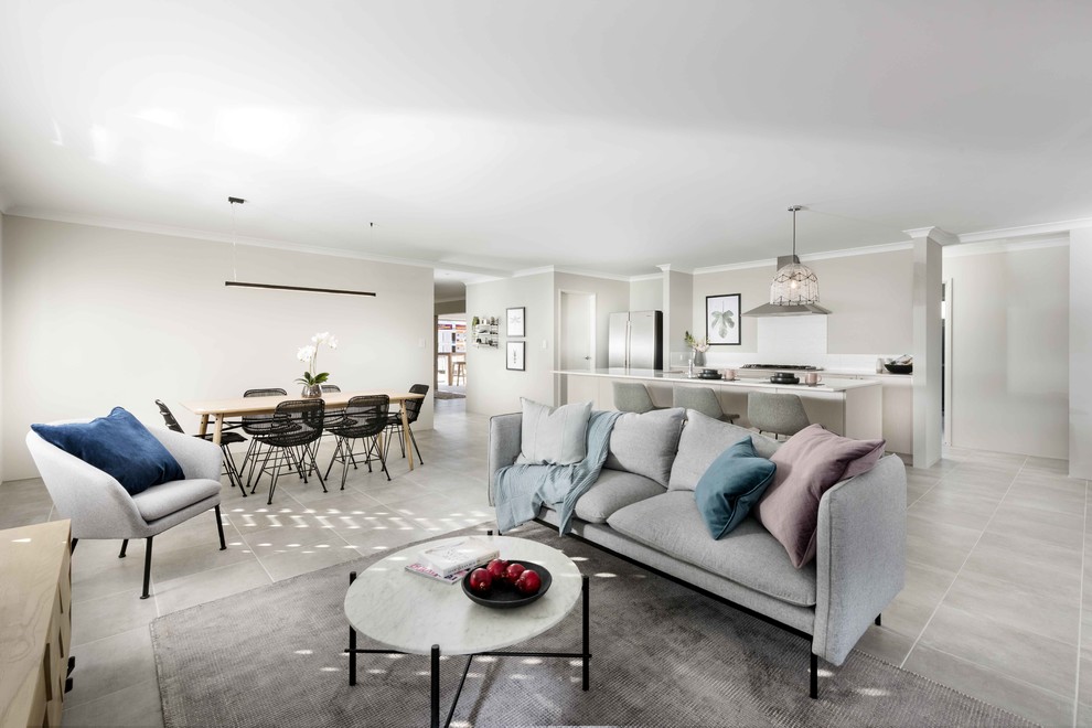 Inspiration for a mid-sized contemporary open concept living room in Perth with grey walls, ceramic floors and grey floor.