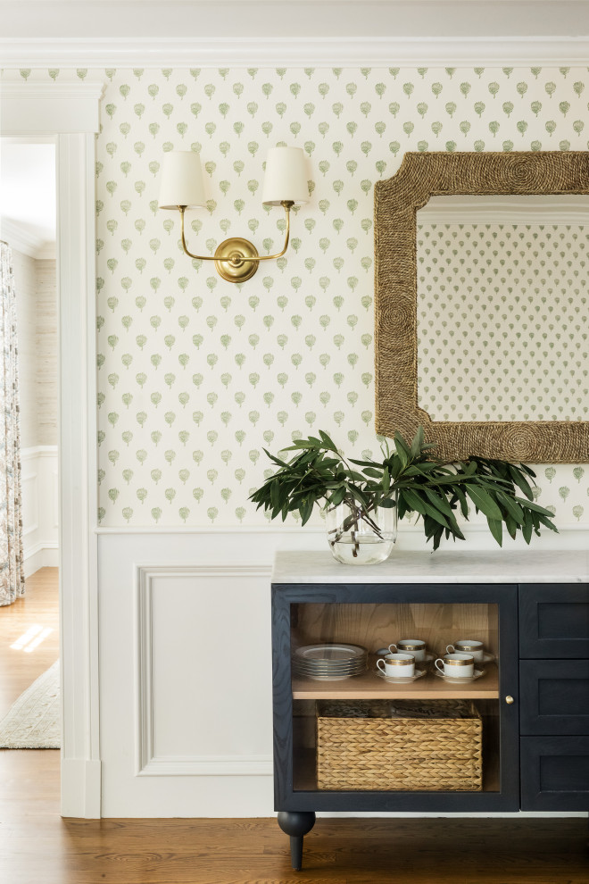 Design ideas for a transitional dining room in Boston with wallpaper.