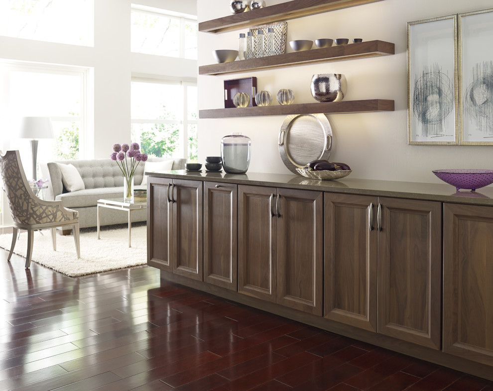 Mid-sized transitional dark wood floor kitchen photo with recessed-panel cabinets, medium tone wood cabinets and stainless steel appliances
