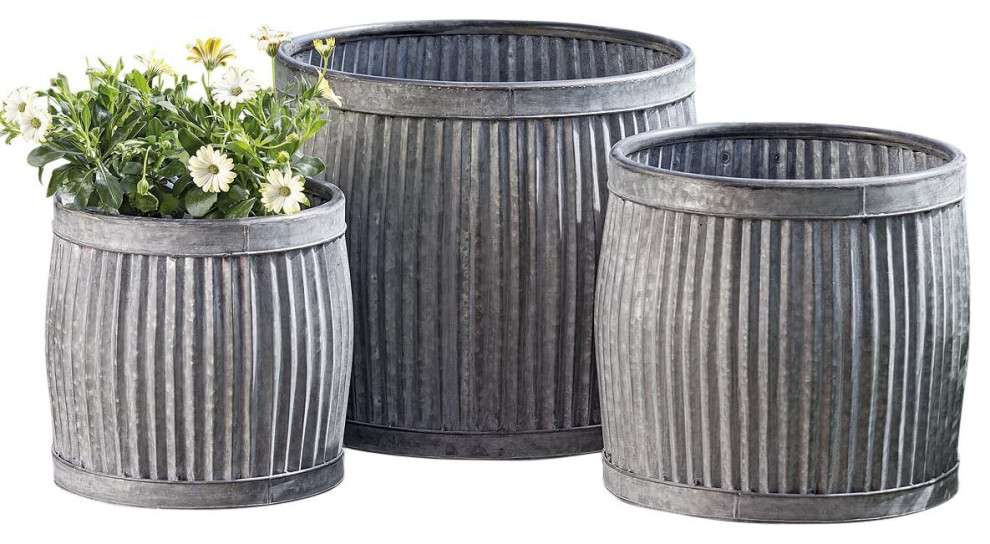 Set of 3 Planter, Galvanized Metal Construction With Corrugated Pattern