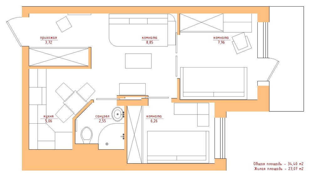 Однушка, площадью 34,4 м2. Преображение.