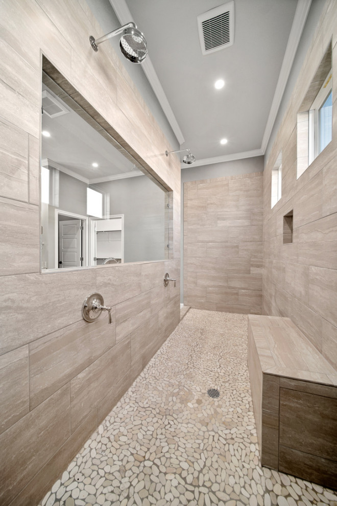 Photo of a large traditional master bathroom in Austin with shaker cabinets, white cabinets, a freestanding tub, an open shower, a one-piece toilet, brown tile, porcelain tile, blue walls, porcelain floors, a drop-in sink, granite benchtops, brown floor, an open shower, grey benchtops, a shower seat, a double vanity and a built-in vanity.