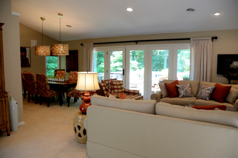 Photo of a large asian formal open concept living room in Chicago with beige walls, carpet, no tv and no fireplace.