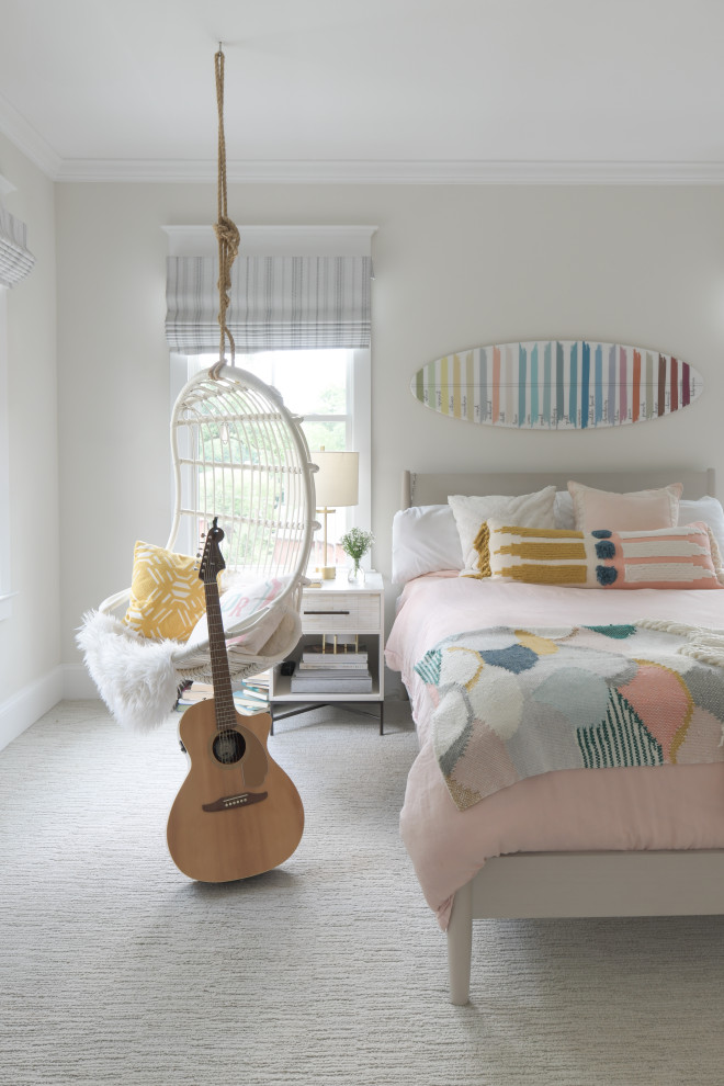 Design ideas for a medium sized bohemian bedroom in DC Metro with white walls, carpet, no fireplace and grey floors.