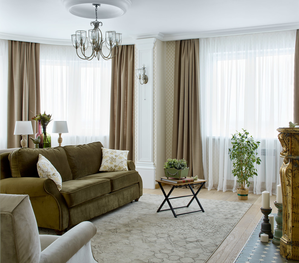 Transitional enclosed living room in Other with beige walls, light hardwood floors and beige floor.